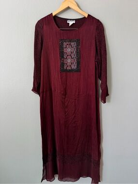 Vintage Yasuko Cupro Dress S M Kimono Silk Burgundy Made in USA Midi Artisan